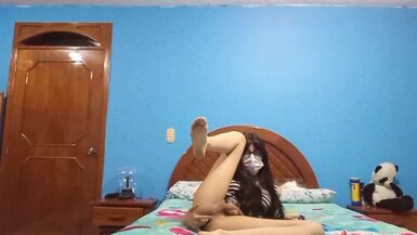 Sissy on her fours playing with a big buttplug and milking herself - 1 image