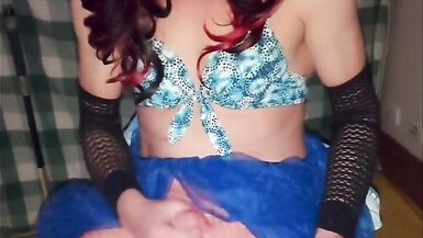 Blue tutu and red fishnet pantyhose scene playing with lovesense  to a squirting end - 8 image