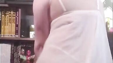 Sissy Anna Rios in sexy white garment plays with her big cock and tastes  cum - 6 image