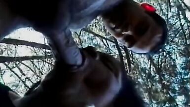 Black shemale Vinicius with big jugs is fond of riding hard pole of her boyfriend on the small glade - 3 image