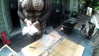 Huge Fake tits cross dresser manning the grill Cumshot finish - 10 image