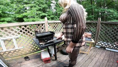 Huge Fake tits cross dresser manning the grill Cumshot finish - 13 image