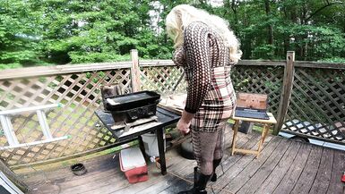 Huge Fake tits cross dresser manning the grill Cumshot finish - 15 image