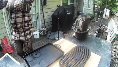 Huge Fake tits cross dresser manning the grill Cumshot finish - 4 image