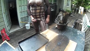 Huge Fake tits cross dresser manning the grill Cumshot finish - 6 image