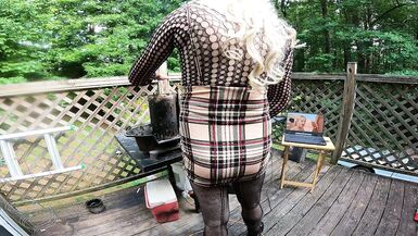 Huge Fake tits cross dresser manning the grill Cumshot finish - 7 image