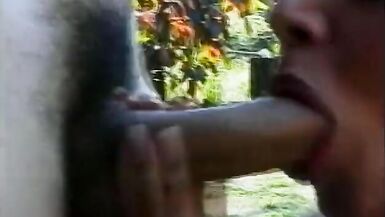 Stud sucks tranny cock then fucks her ass and cums on her belly on the lawn - 4 image