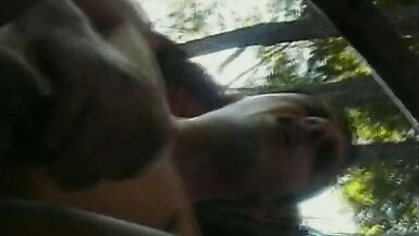 Pretty inexperienced brunette t-girl enjoys fucking in conga-line in threesome action outdoors - 14 image