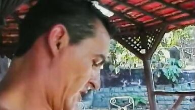 Pretty inexperienced brunette t-girl enjoys fucking in conga-line in threesome action outdoors - 15 image