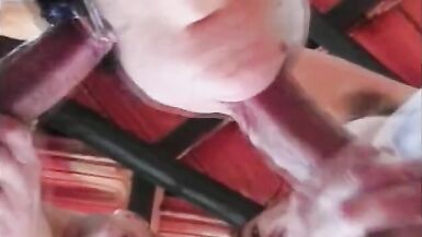 Pretty inexperienced brunette t-girl enjoys fucking in conga-line in threesome action outdoors - 7 image