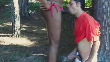 Black shemale with big melons is not against to go somewhere private to ride his hard cock - 5 image