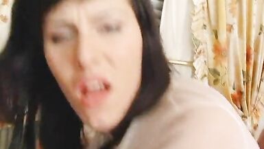 Long haired brunette tranny sucks fucks tattooed stud then gets facial - 12 image