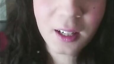 Dark hair sissy Annarios rubs her big cock and eats cum - 2 image