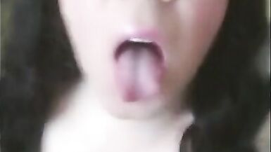 Dark hair sissy Annarios rubs her big cock and eats cum - 5 image