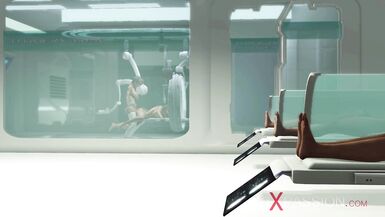 Hot shemale sex cyborg plays with a beautiful blonde in the surgery room - 14 image