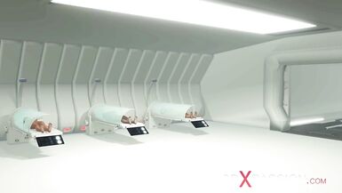 Hot shemale sex cyborg plays with a beautiful blonde in the surgery room - 2 image