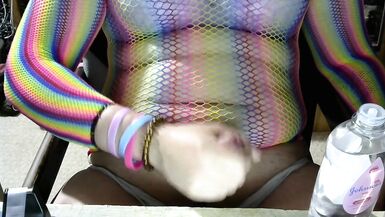 trans girl cumming in rainbow fishnet and panties oil - 6 image