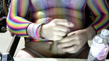 trans girl cumming in rainbow fishnet and panties oil - 7 image