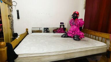 Sissy Maid Armbinder Gas Mask Self Bondage in Chastity - 3 image