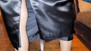 Black liquid satin skirt with glossy pantyhose - 3 image