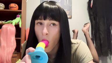 Sissy crossdresser femboy trans shemale cums twice in mini dress - 7 image