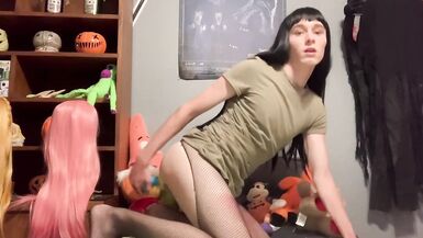 Sissy crossdresser femboy trans shemale cums twice in mini dress - 9 image