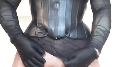 Alex's dildo play (trans, crossdress, fetish, corset, pantyhose, high heels, female mask, leather) - 12 image