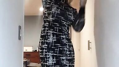 Blair's striptease (trans, crossdress, strip, female mask, wig, pantyhose, tight dress, mask, heels) - 9 image