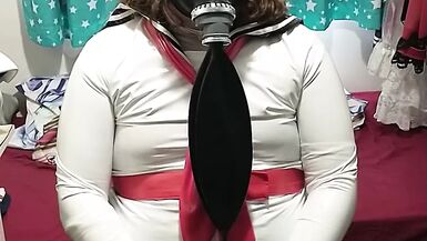 PVC Sissy School girl does breathplay latex mask gasmask Eva Helmet - 1 image