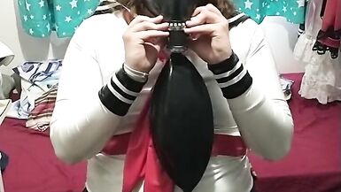 PVC Sissy School girl does breathplay latex mask gasmask Eva Helmet