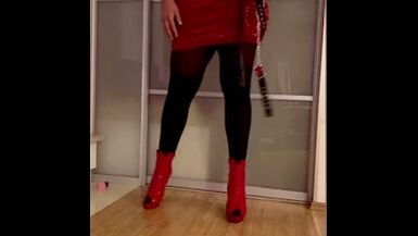 Sissy femboy cd tv Femdom Shemale Masturbation High Heels Red dress big tits big ass - 1 image