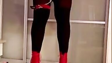 Sissy femboy cd tv Femdom Shemale Masturbation High Heels Red dress big tits big ass - 10 image