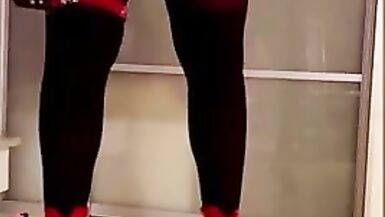 Sissy femboy cd tv Femdom Shemale Masturbation High Heels Red dress big tits big ass - 6 image