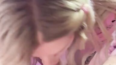 POV giggly tgirl cock sucking with cumshot - 2 image