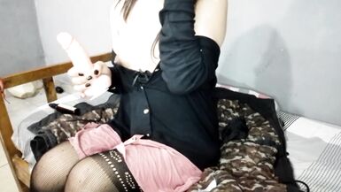 masturbates with a dildo while watching a huge cock - 5 image