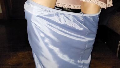 Blue office skirt with a pink satin half slip - 11 image
