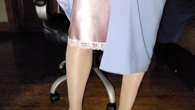 Blue office skirt with a pink satin half slip - 8 image
