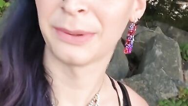 Hot t4t goth punk trans woman goes to the park with a big glass plug