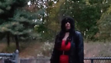 DeeDeeSlut Red Dress Outside Walk - 3 image