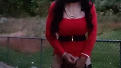 DeeDeeSlut Red Dress Outside Walk - 6 image