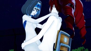 Futa Micha mouth fucks Garie and fucks her doggystyle againt a fence - Symphogear Futanari Hentai. - 11 image