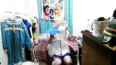 Shiny PVC Cosplay Sissy Lillie Gagged Breathplay Stinky Socks Vibrator - 3 image