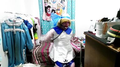 Shiny PVC Cosplay Sissy Lillie Gagged Breathplay Stinky Socks Vibrator - 4 image