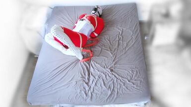 Red catsuit white boots selfbondage - 1 image