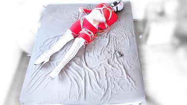 Red catsuit white boots selfbondage - 12 image