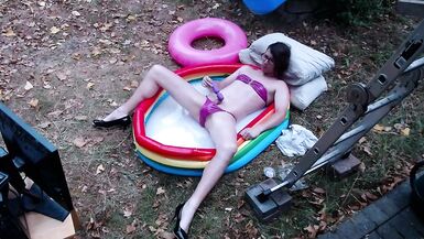 Outdoor WAM sissy gurl in pink pvc micro bikini oiled up and drenched in milky water plays with herself no cum - 10 image
