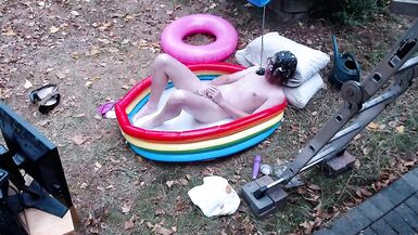 Outdoor WAM sissy gurl in pink pvc micro bikini oiled up and drenched in milky water plays with herself no cum - 15 image