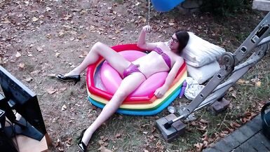 Outdoor WAM sissy gurl in pink pvc micro bikini oiled up and drenched in milky water plays with herself no cum - 3 image