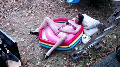 Outdoor WAM sissy gurl in pink pvc micro bikini oiled up and drenched in milky water plays with herself no cum - 4 image