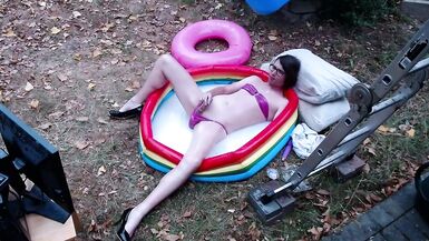 Outdoor WAM sissy gurl in pink pvc micro bikini oiled up and drenched in milky water plays with herself no cum - 6 image